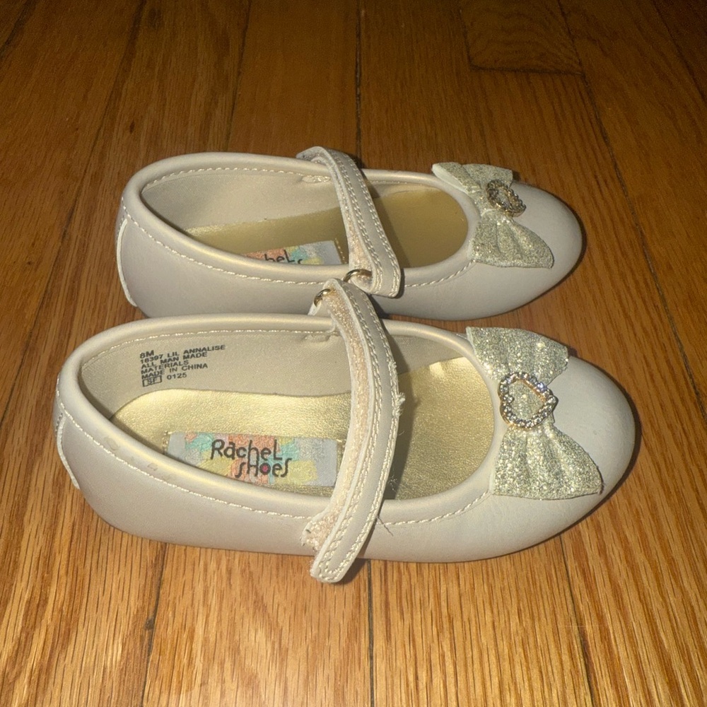 Rachel Shoes Cream Mary Jane Flats with Glitter Bow Accent
